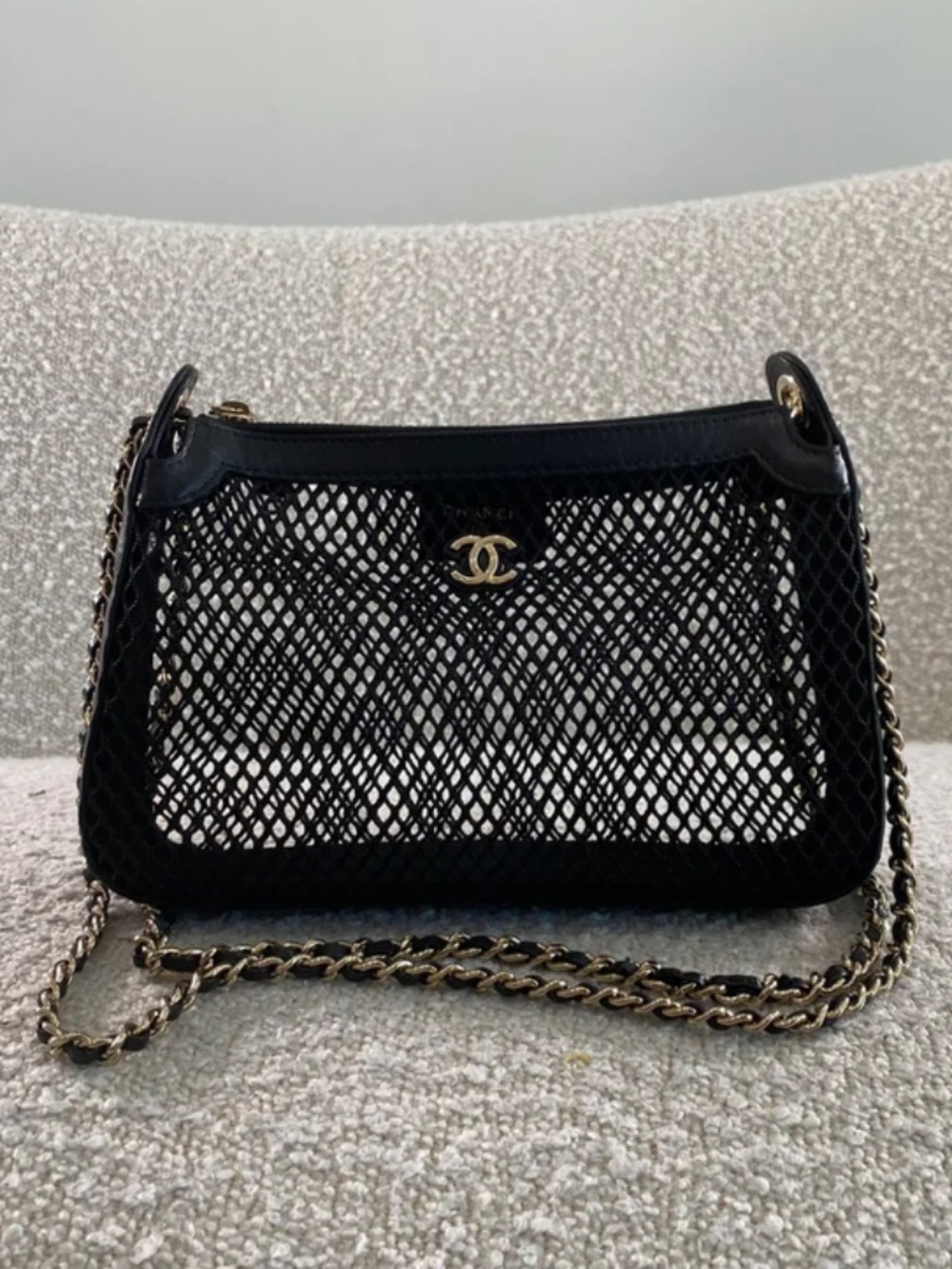 Authentic Pre-Owned Chanel Mesh and Shiny Lambskin Clutch with Chain